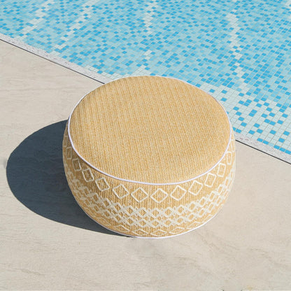 Outdoor Inflatable Ottoman with Air Pump, Embroidery Patio Footrest Stool D21”x H9”, Round Pouf