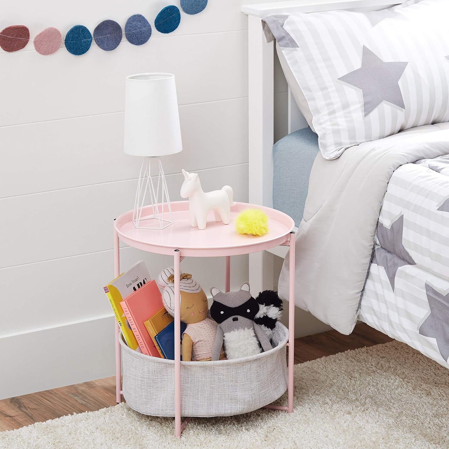 Amazon Basics Round Storage End Table, Side Table with Cloth Basket, Dusty Pink, 17.7"D x 17.7"W x