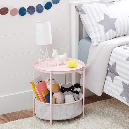 Amazon Basics Round Storage End Table, Side Table with Cloth Basket, Dusty Pink, 17.7"D x 17.7"W x