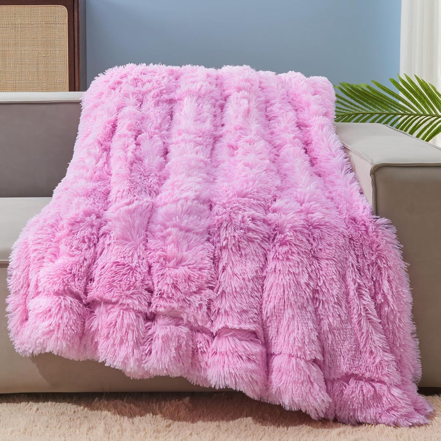 GONAAP Fuzzy Faux Fur Throw Blanket Twin Size Light Pink Super Soft Cozy Plush Fuzzy Shaggy Blanket