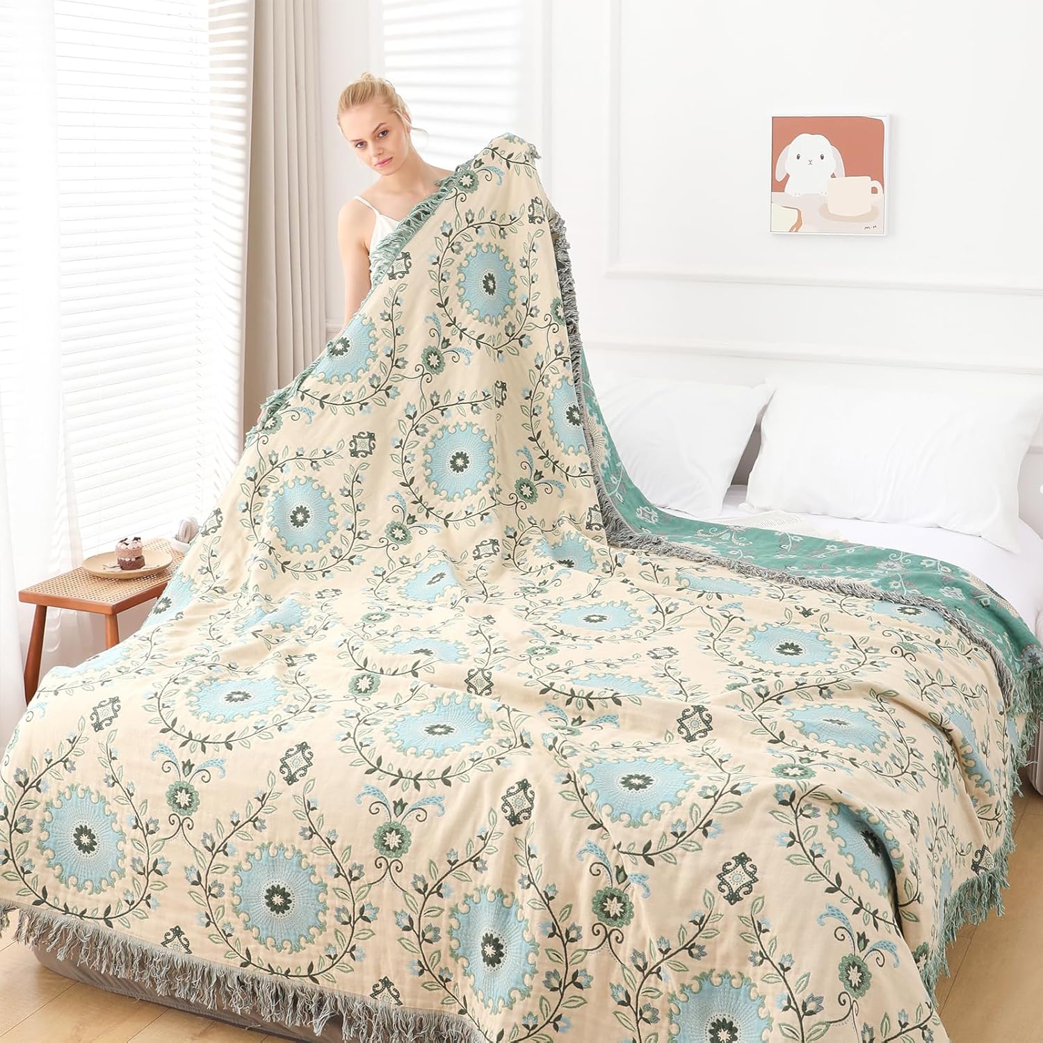 Snycler Boho Throw Blanket for Bed - 100% Cotton Ultra Soft Rustic Quilt - Blue Boho Floral Printed
