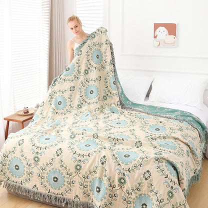Snycler Boho Throw Blanket for Bed - 100% Cotton Ultra Soft Rustic Quilt - Blue Boho Floral Printed
