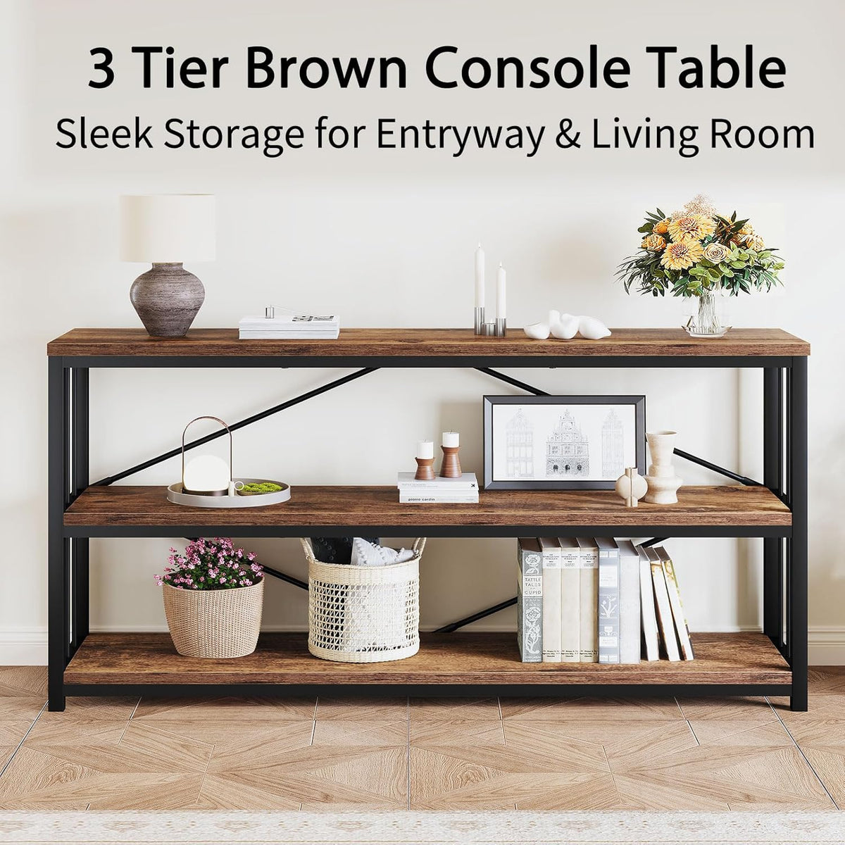 LVB Rustic Entryway Table, Industrial Extra Long Hallway Sofa Table, Wood Metal Narrow Console
