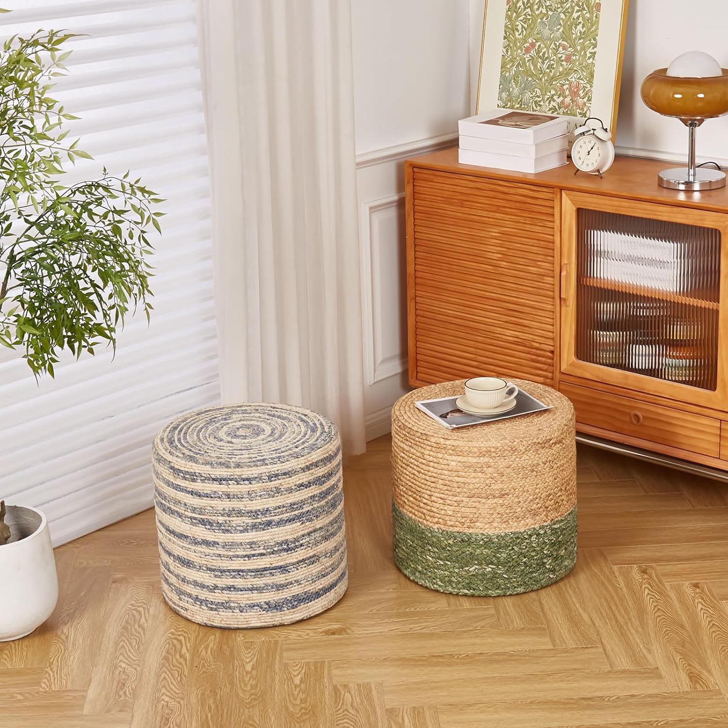 Wimarsbon 18'' Ottoman Pouf, Natural Braided Poof, Rustic Handweave Lounge Pouffe, Boho Footrest