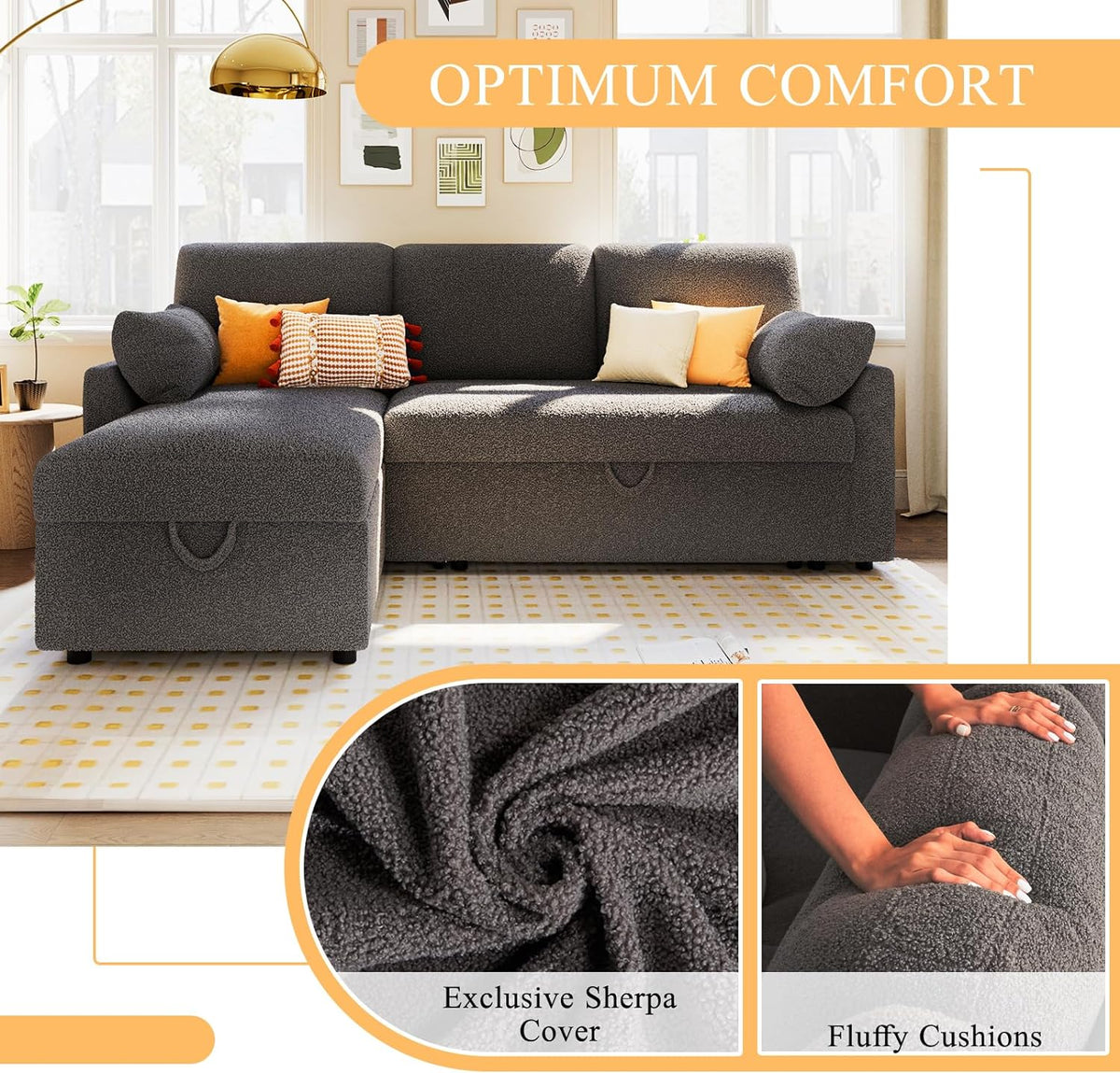 VanAcc Sofa Bed, Sleeper Sofa with Storage Chaise- 2 in 1 Pull Out Couch Living Room, Comfy Sleeper