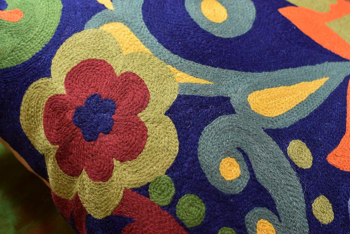 Blue Floral Pillow Cover | Navy Flower Throw Pillow | Outdoor Suzani Cushions | Hand Embroidered