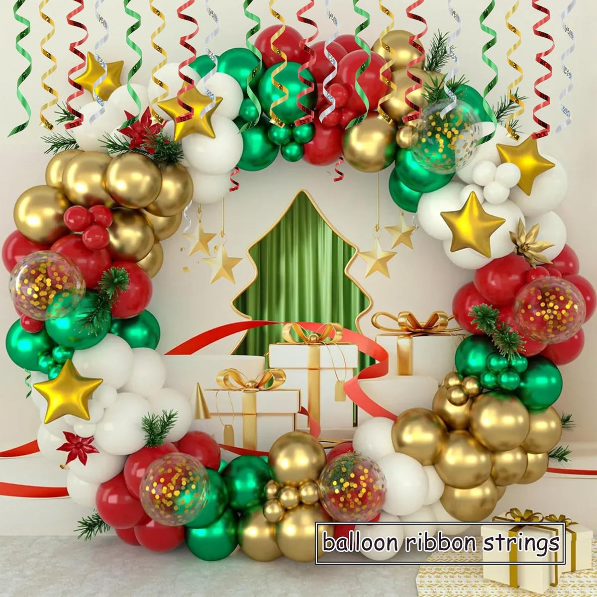 BEISHIDA 4 Pack Christmas Curling Ribbons Red Green Gold Silver Balloon String Ribbons for Gift