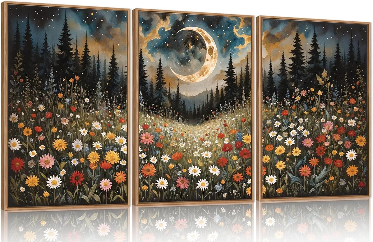 HPINUB Wildflower Moon Forest Framed Canvas Wall Art Set,Nature Pine Tree Wall Decor,Mystical