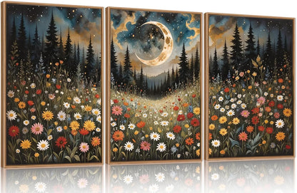 HPINUB Wildflower Moon Forest Framed Canvas Wall Art Set,Nature Pine Tree Wall Decor,Mystical