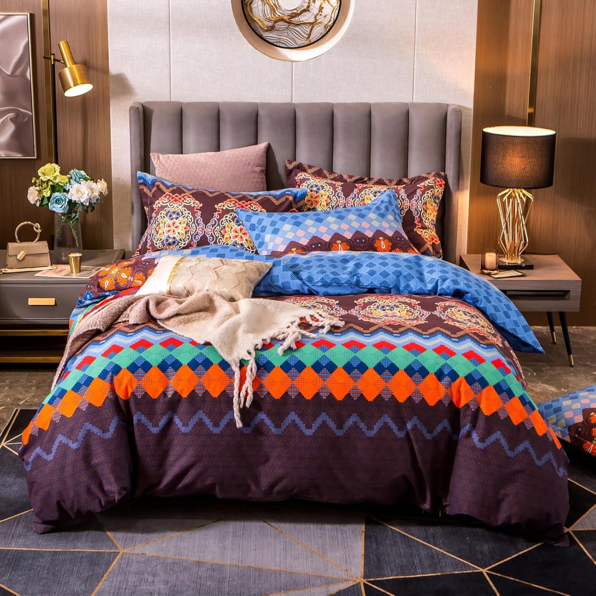 ABREEZE Bohemian Duvet Cover Set Colorful Brown Boho Retro Bedding Set Damask Paisley Cotton Duvet