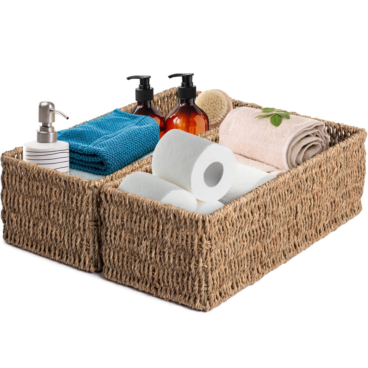 JS HANGER Toilet Basket Tank Topper， Seagrass Storage Baskets, Rectangular Wicker Baskets for