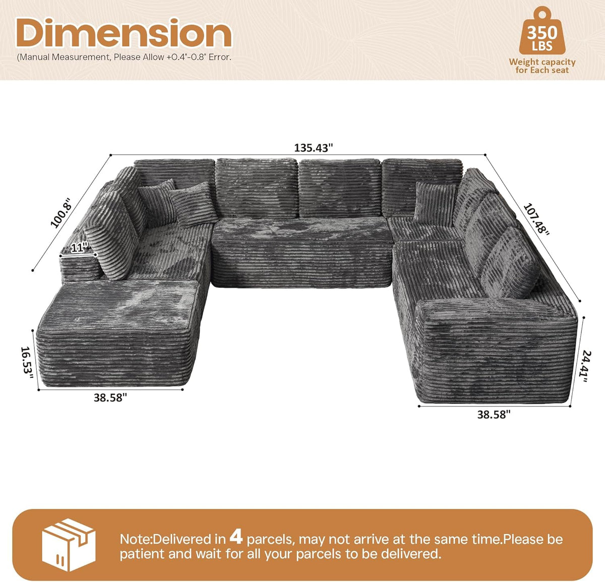 Cloud Sectional Couches for Living Room,U Shaped Modular Sofas No Assembly,135x100 Inches Plush