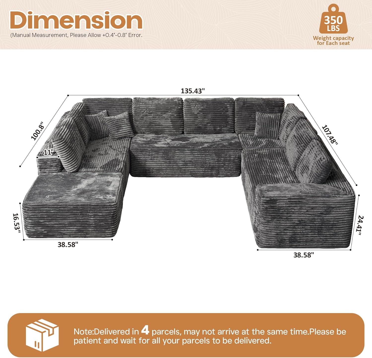 Cloud Sectional Couches for Living Room,U Shaped Modular Sofas No Assembly,135x100 Inches Plush