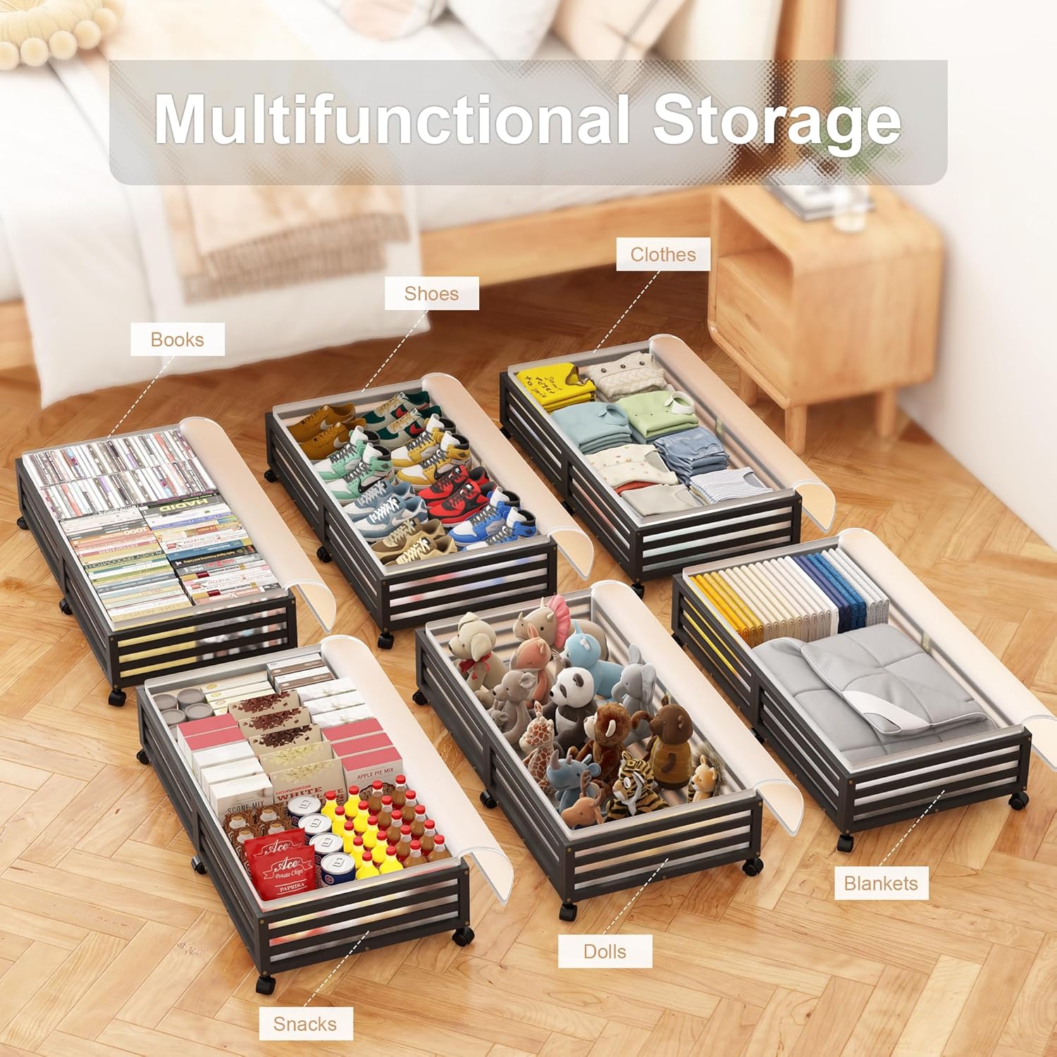 Under Bed Storage Containers With Wheels - 2 Pcs Large Bamboo Wood Rolling Underbed Shoe Storage