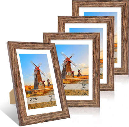 5x7 Picture Frame Set of 4, 5 x 7 Wood Photo Frames with Mat for 4x6, Natural Wooden Frame with