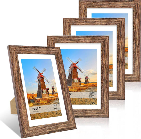 5x7 Picture Frame Set of 4, 5 x 7 Wood Photo Frames with Mat for 4x6, Natural Wooden Frame with