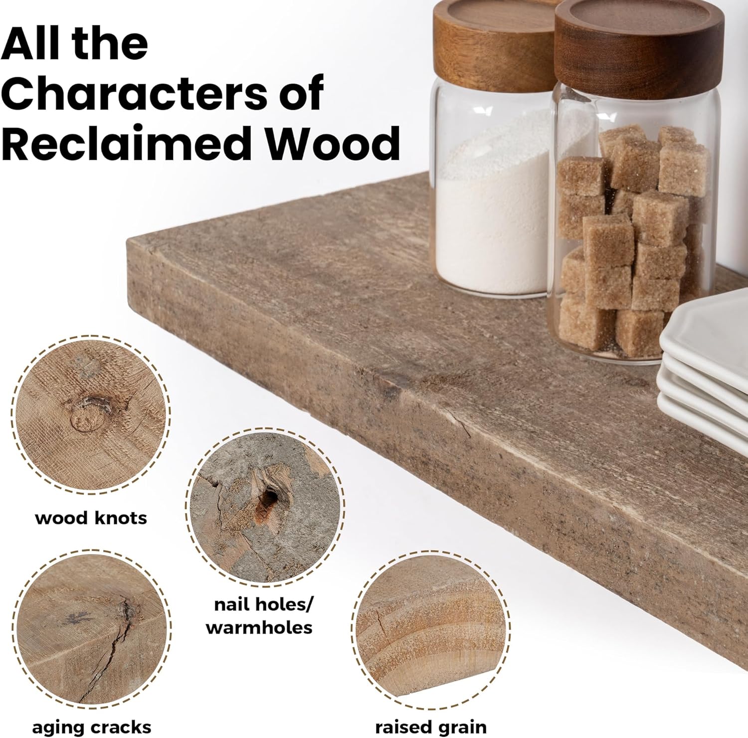 Floating Shelves, 8 Inch Deep Rustic Solid Reclaimed Wood Wall Shelves for Storage, Wall Mounted