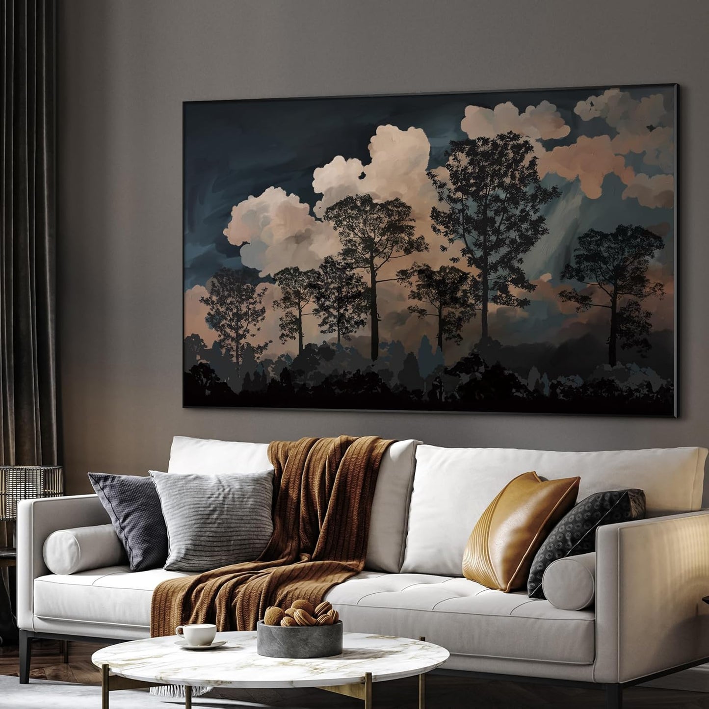 SIGNWIN 46"x72" Extra Large Framed Wall Art Silhouetted Trees at Dusk, Dramatic Forest and