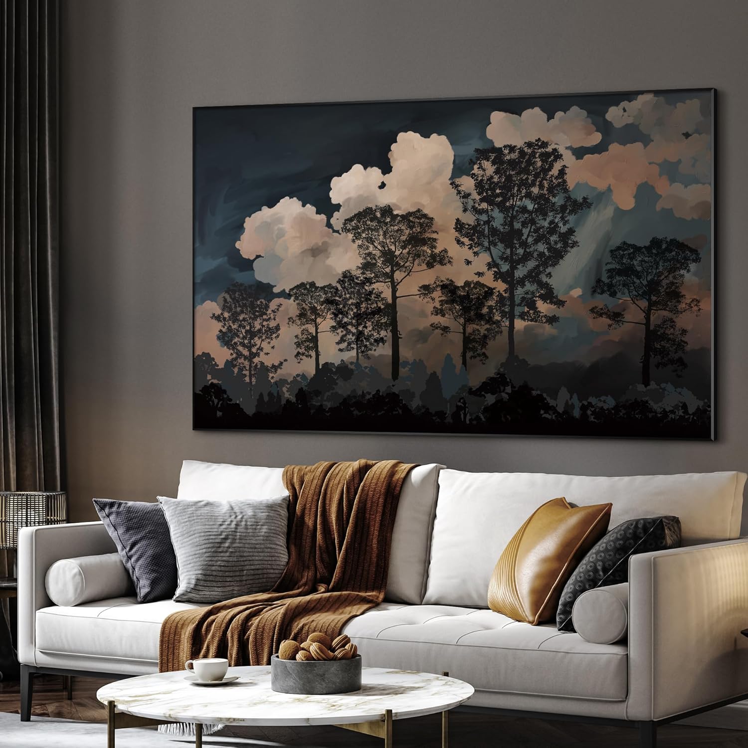 SIGNWIN 46"x72" Extra Large Framed Wall Art Silhouetted Trees at Dusk, Dramatic Forest and