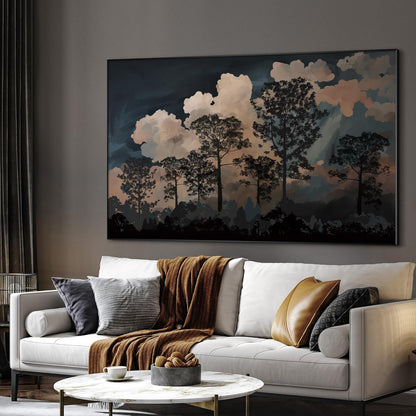 SIGNWIN 46"x72" Extra Large Framed Wall Art Silhouetted Trees at Dusk, Dramatic Forest and