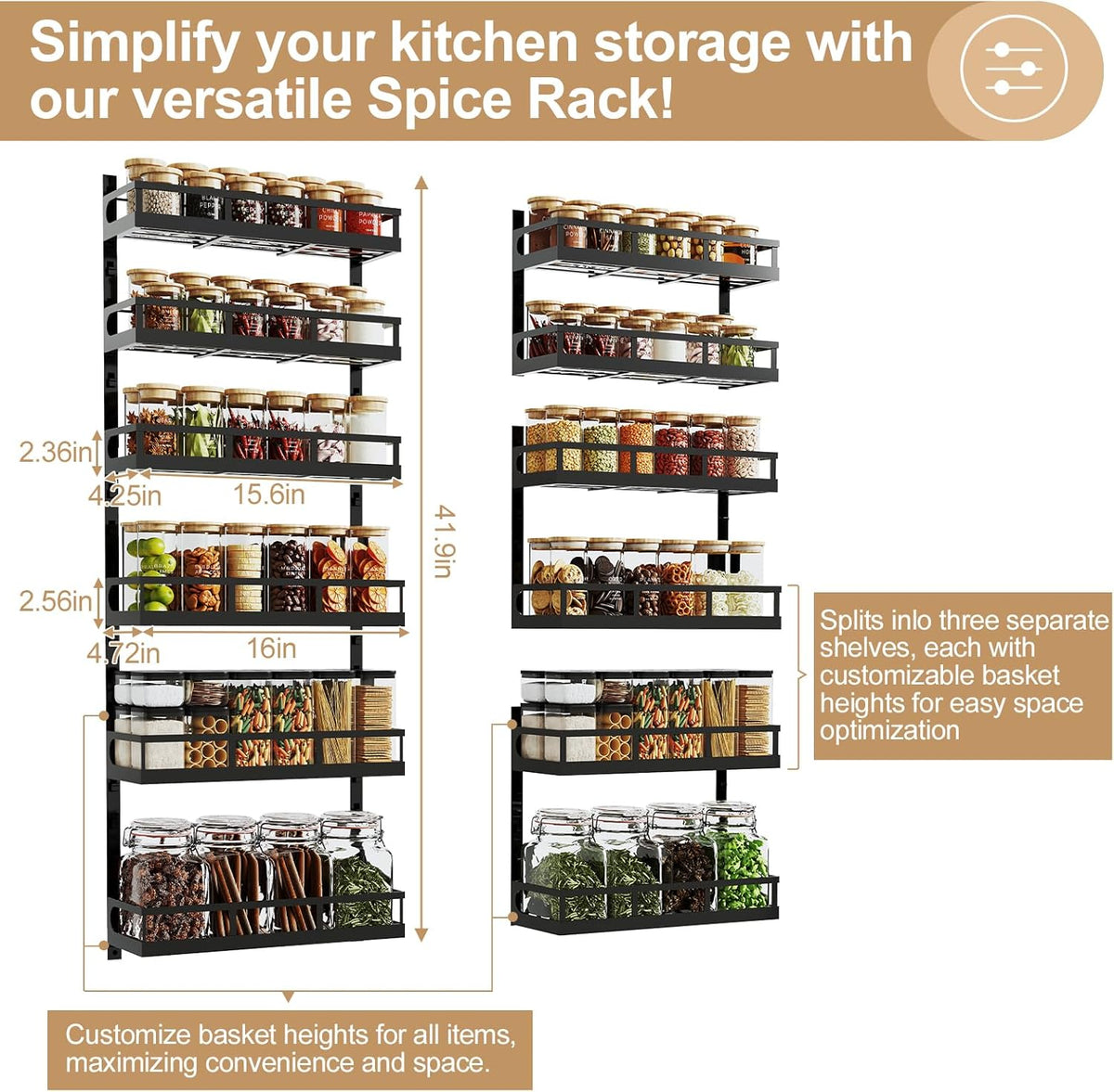 X-cosrack 6-Tier Wall-Mounted Spice Rack Organizer with Mixed Basket Sizes, Height-Adjustable