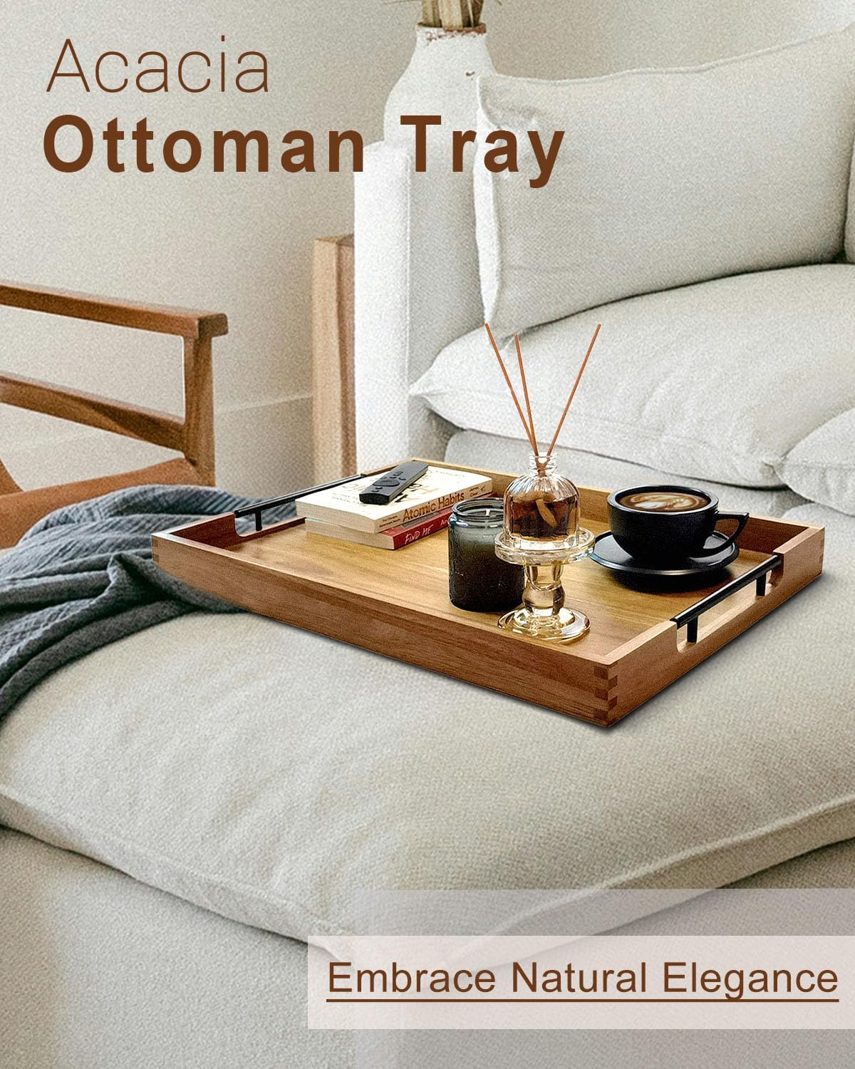 22 Inches Acacia Wood Serving Tray with Metal Handles, Large Wooden Rectangle Ottoman Tray