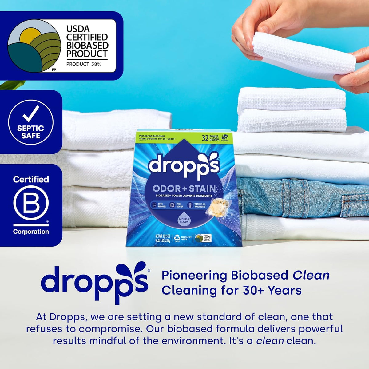 Dropps Odor & Stain Biobased Power Laundry Detergent Pods, Lavender Meadow (32 Count) - HE