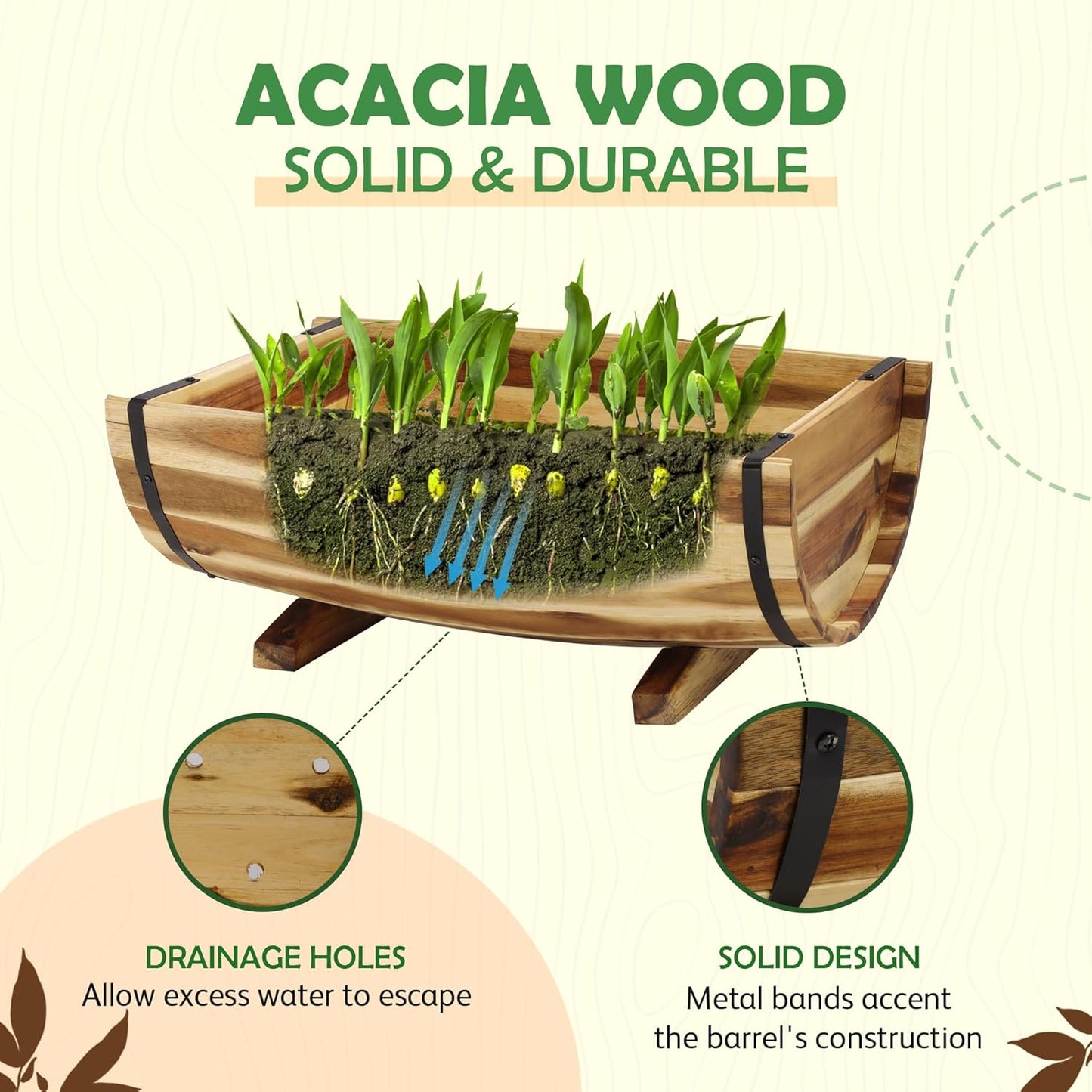IDZO Solid Acacia Wood Half Barrel Planters Outdoor Set of 2 Different Sizes, Wooden Planters for