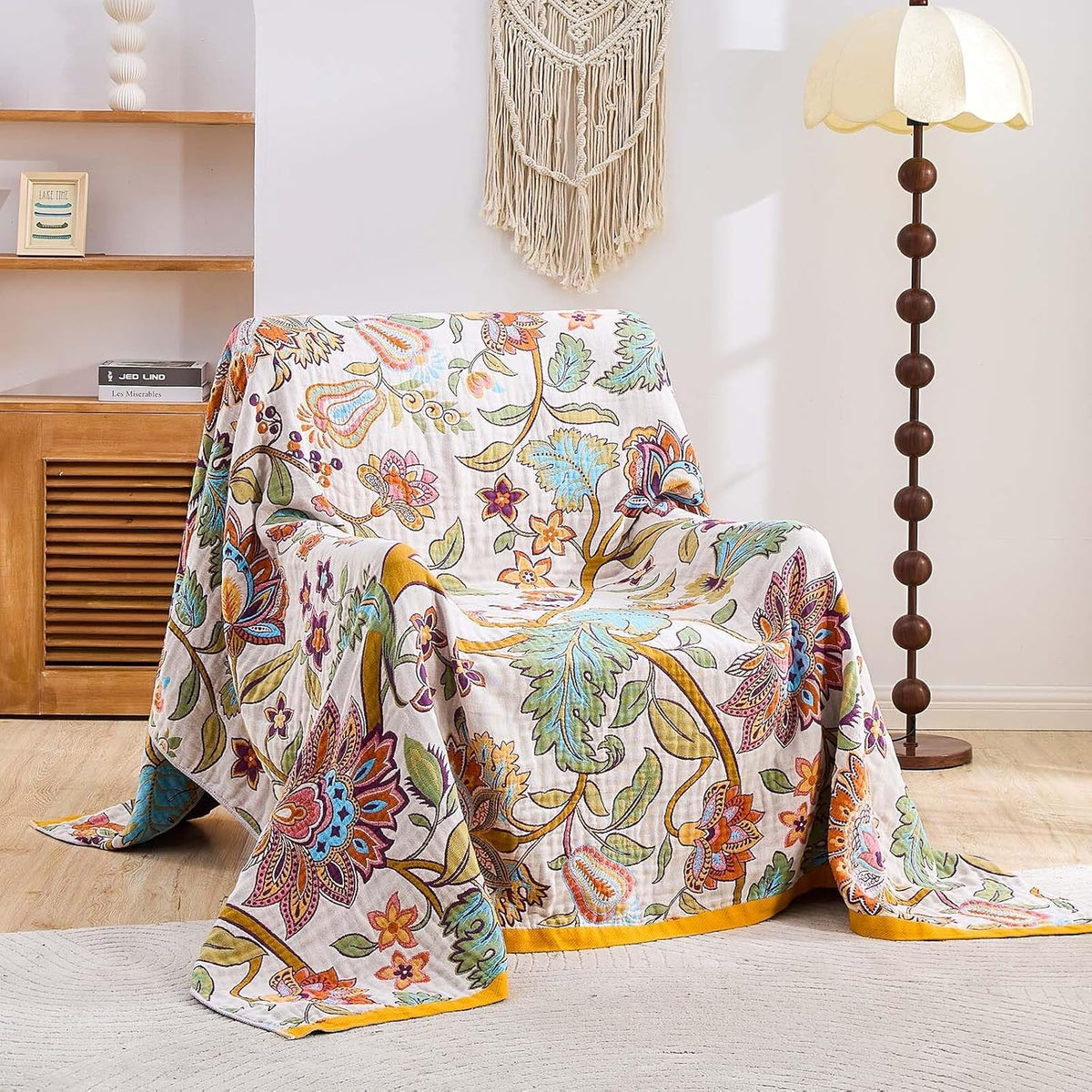 Boho Throw Blanket for Bed, 100% Cotton Soft Rustic Quilt Fall Blanket, 90"x98" Floral Printed