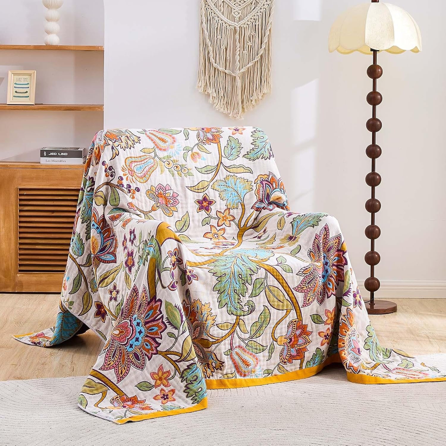 Boho Throw Blanket for Bed, 100% Cotton Soft Rustic Quilt Fall Blanket, 90"x98" Floral Printed