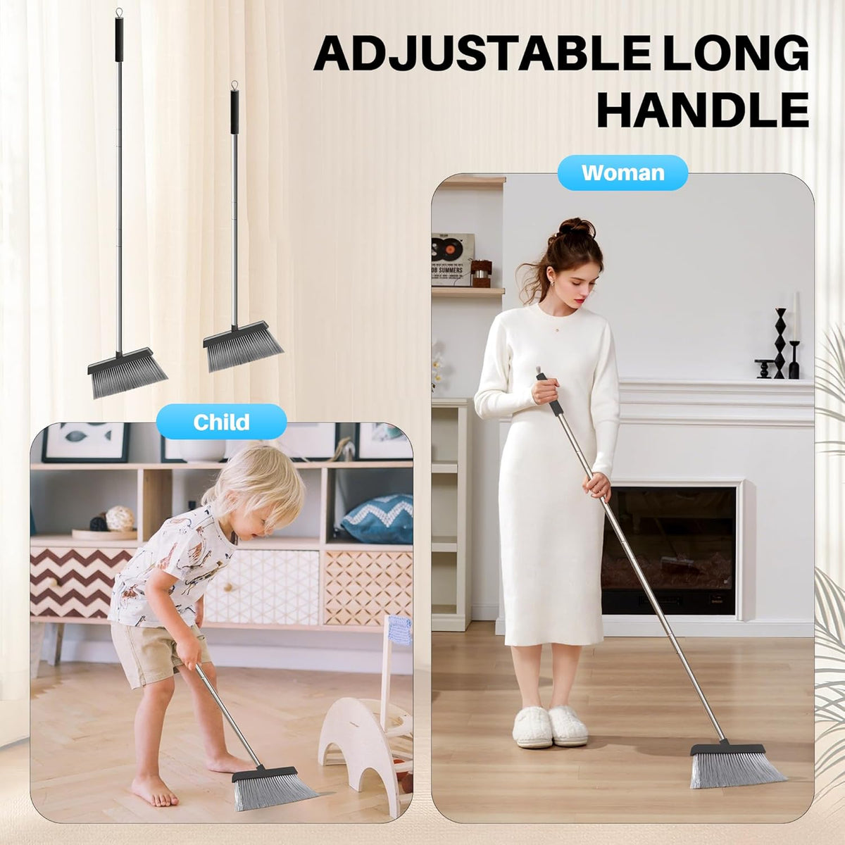 JOYMOOP Black Broom and Dustpan Set, Upright Angle Design with Built-in Comb Teeth for Home