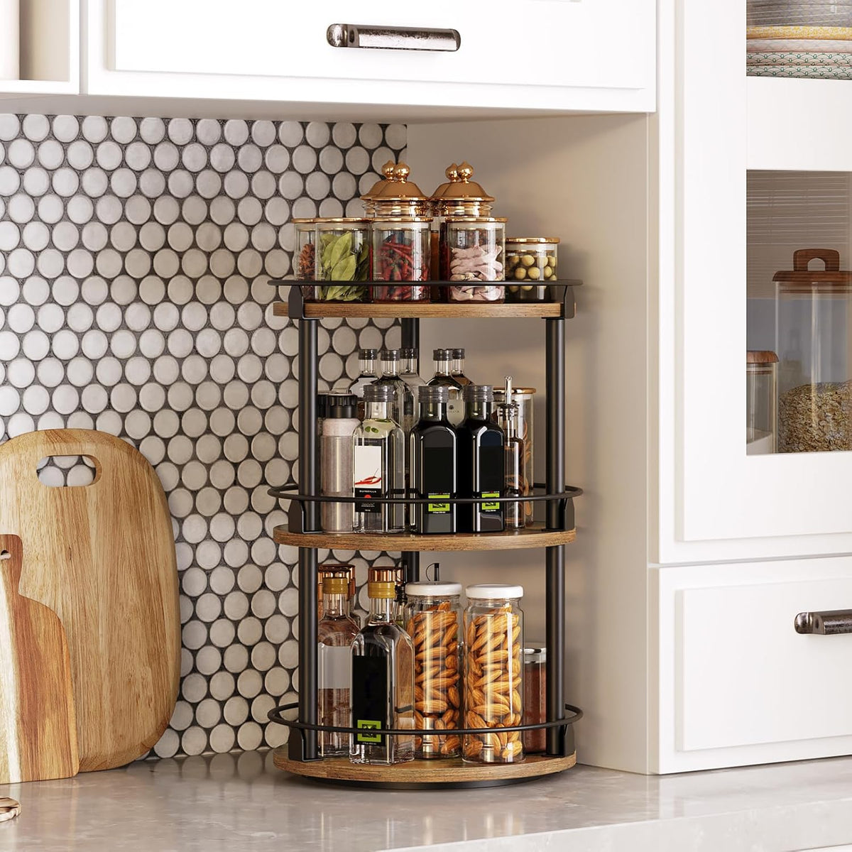 3-Tier Lazy Susan Organizer, Rotating Spice Rack, Spinning Organizer, Industrial Turntable Spice