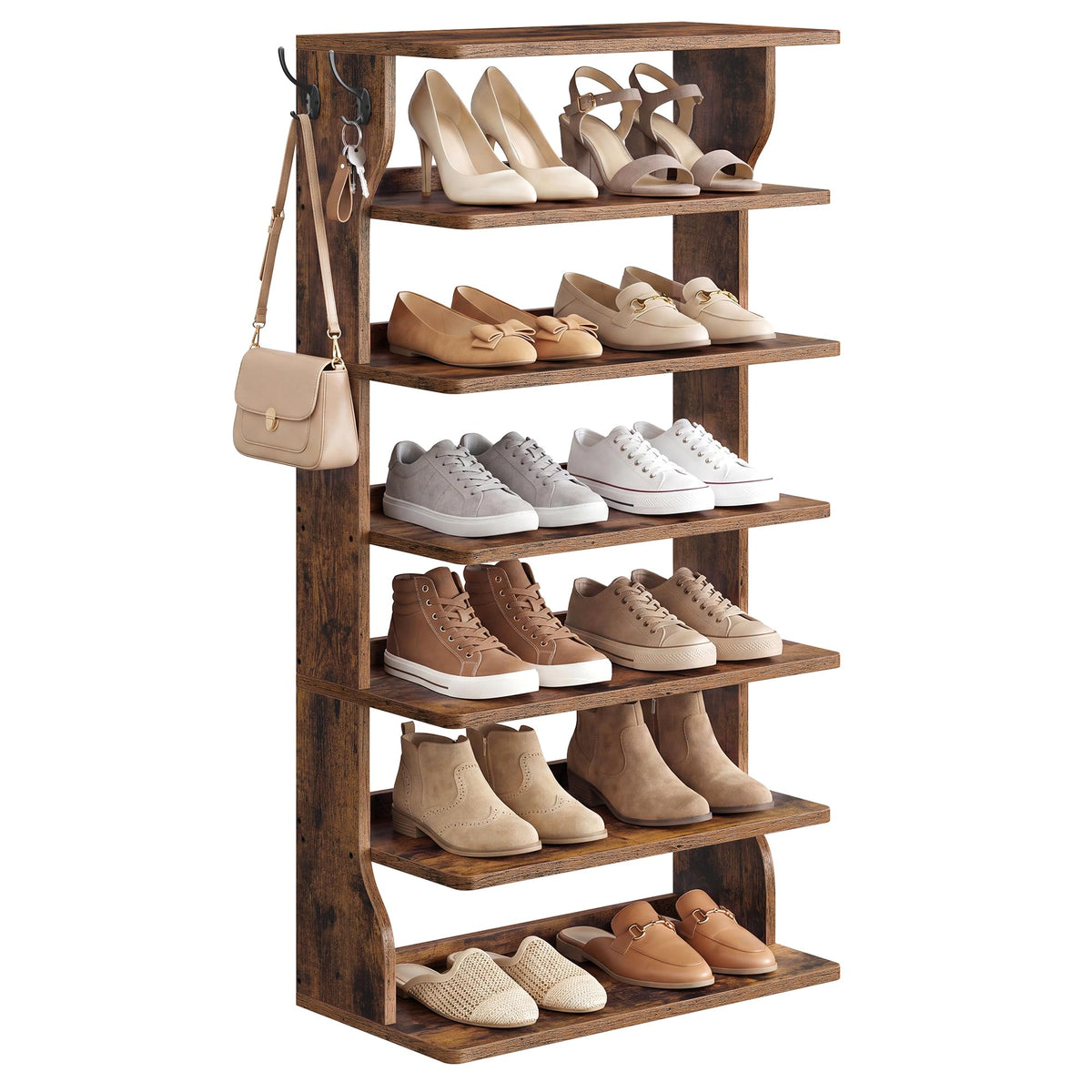 VASAGLE 7-Tier Vertical Shoe Rack, Narrow Shoe Storage Organizer with Hooks