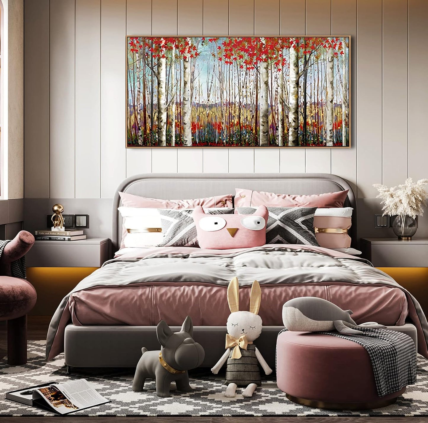 Large Framed Wall Art for Living Room Birch Tree Wall Decor Red Forest Painting Artwork Wall