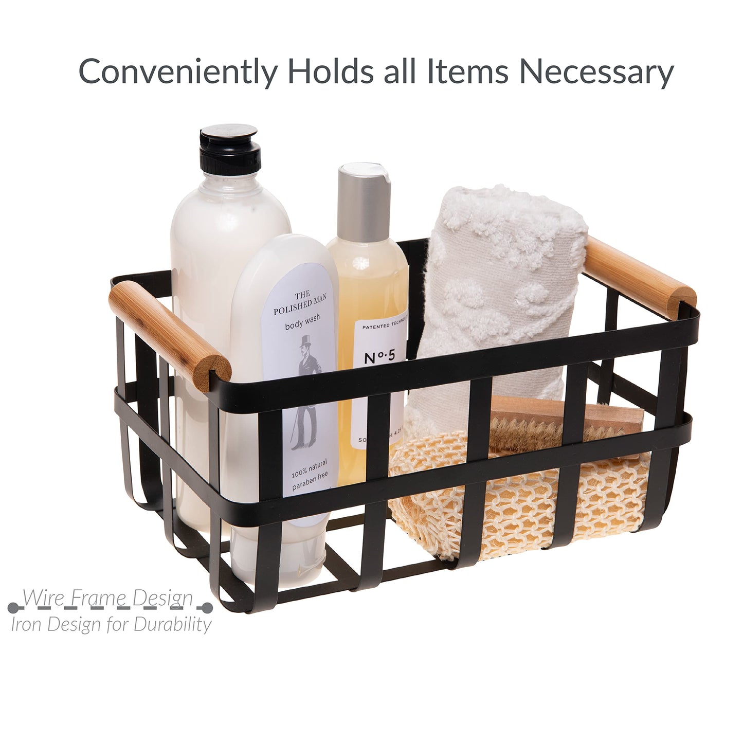Simplify Rectangular Metal Storage Basket with Bamboo Handles | Large | Farmhouse Style Wire Basket