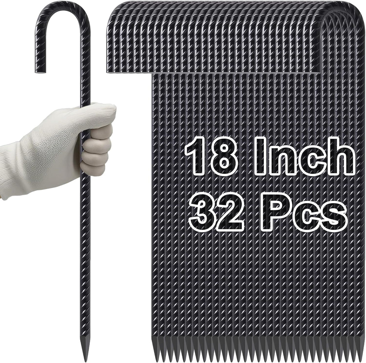VVOKGO Rebar Stakes 18 Inch J Hook Heavy Duty Ground Anchors (32-Pack), 3/8" Diameter Metal Steel