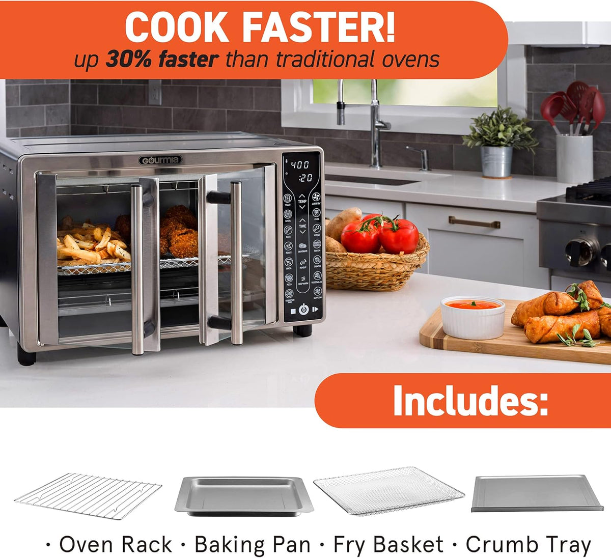 Gourmia Toaster Oven Air Fryer Combo 17 cooking presets 1700W french door digital air fryer oven