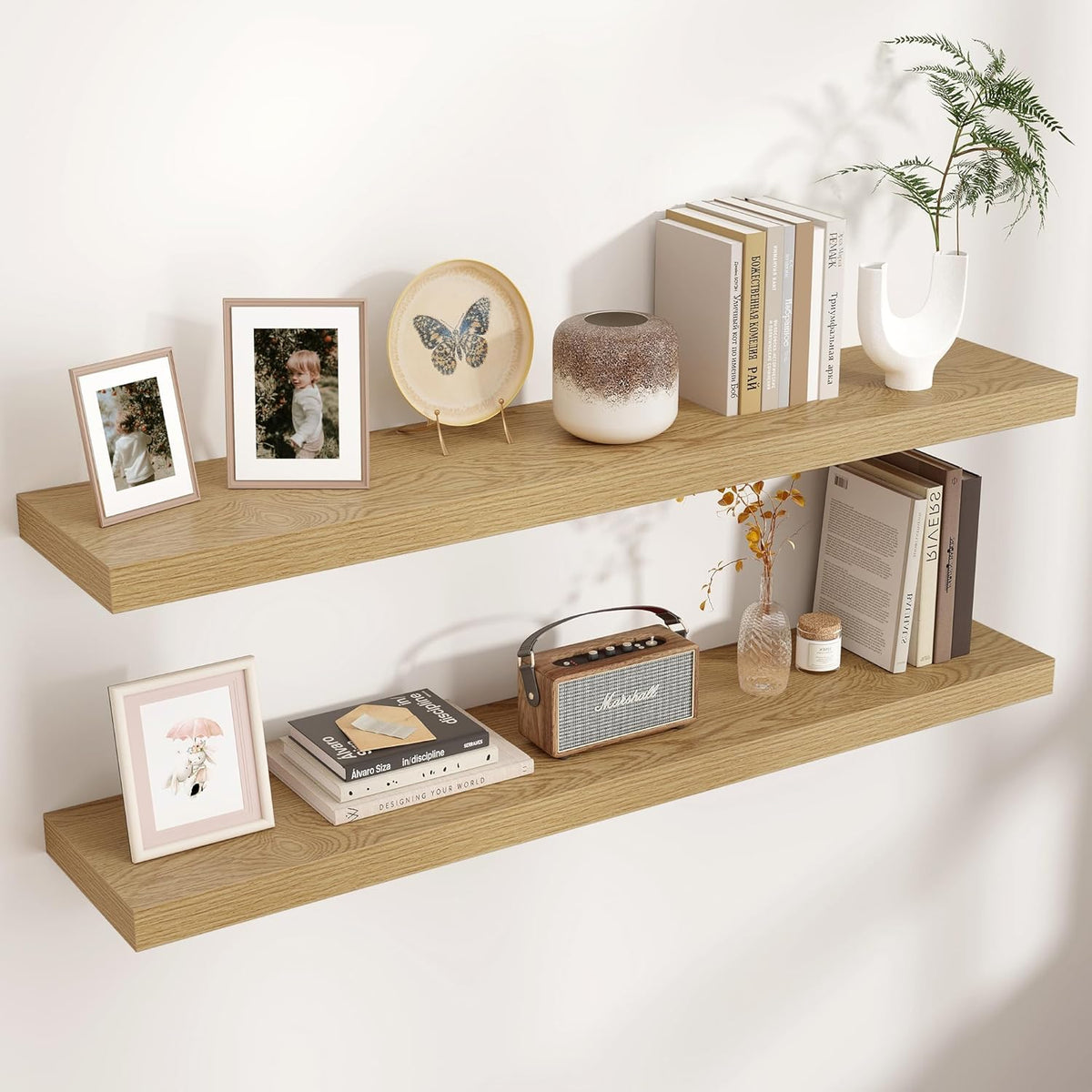 Floating Shelves - 2 Large Wall Mounted Shelves with Invisible Brackets, Long Wood Floating Wall
