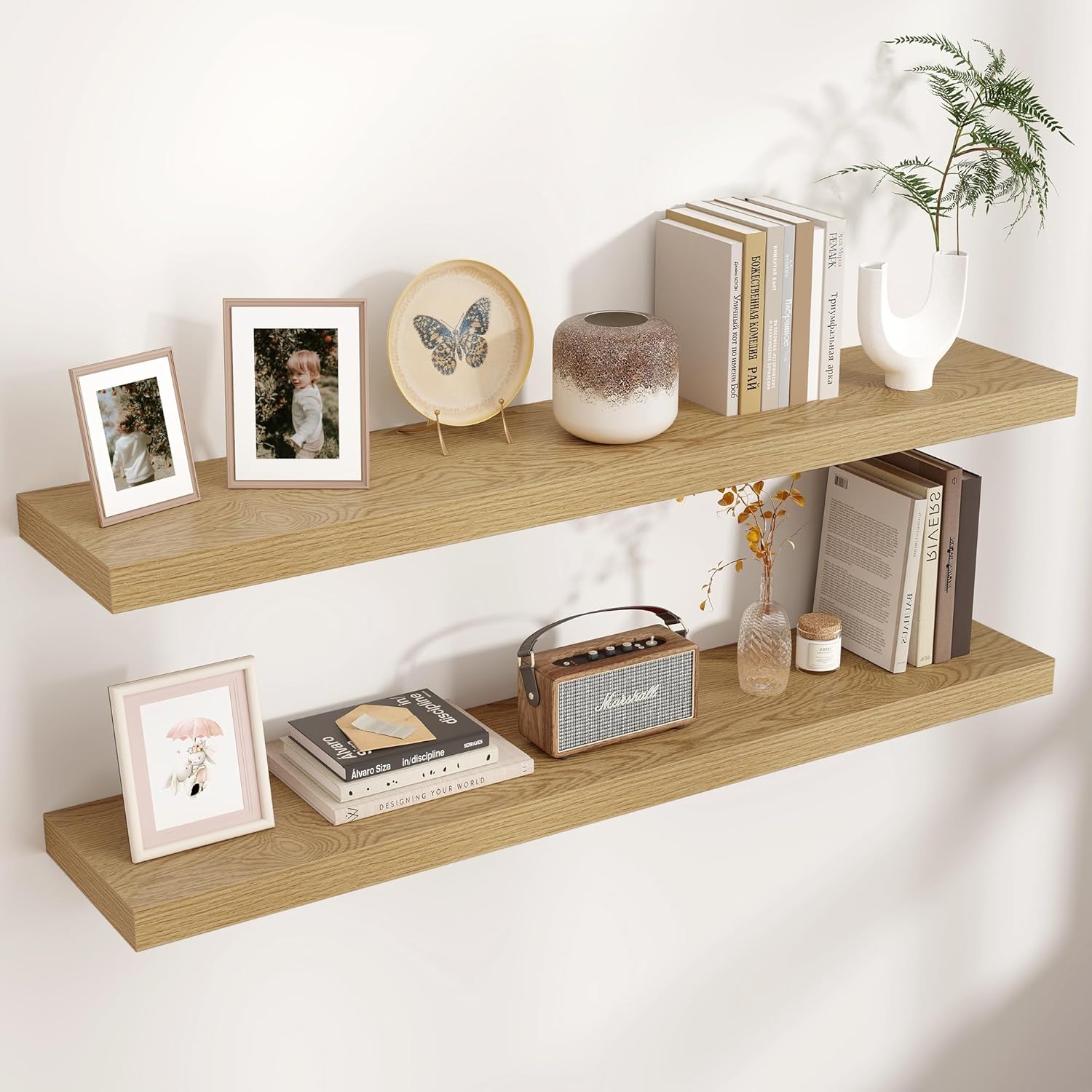 Floating Shelves - 2 Large Wall Mounted Shelves with Invisible Brackets, Long Wood Floating Wall