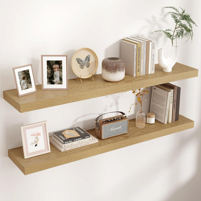 Floating Shelves - 2 Large Wall Mounted Shelves with Invisible Brackets, Long Wood Floating Wall