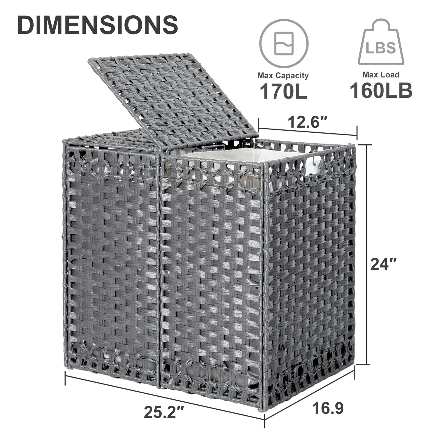 170L Foldable Laundry Hamper with Lid - Handwoven Rattan Storage Basket, 2-Section Clothes Hamper