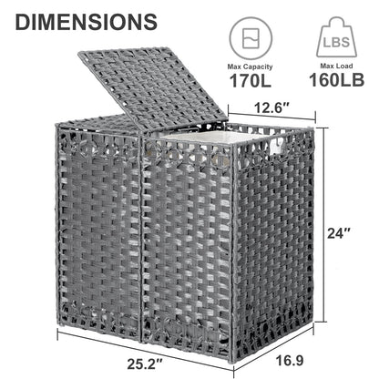 170L Foldable Laundry Hamper with Lid - Handwoven Rattan Storage Basket, 2-Section Clothes Hamper