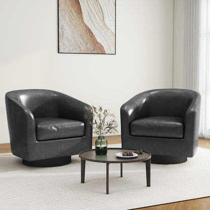 Swivel Barrel Accent Chair, Modern Round Faux Leather Arm Chair for Living Room, Bedroom, Comfy