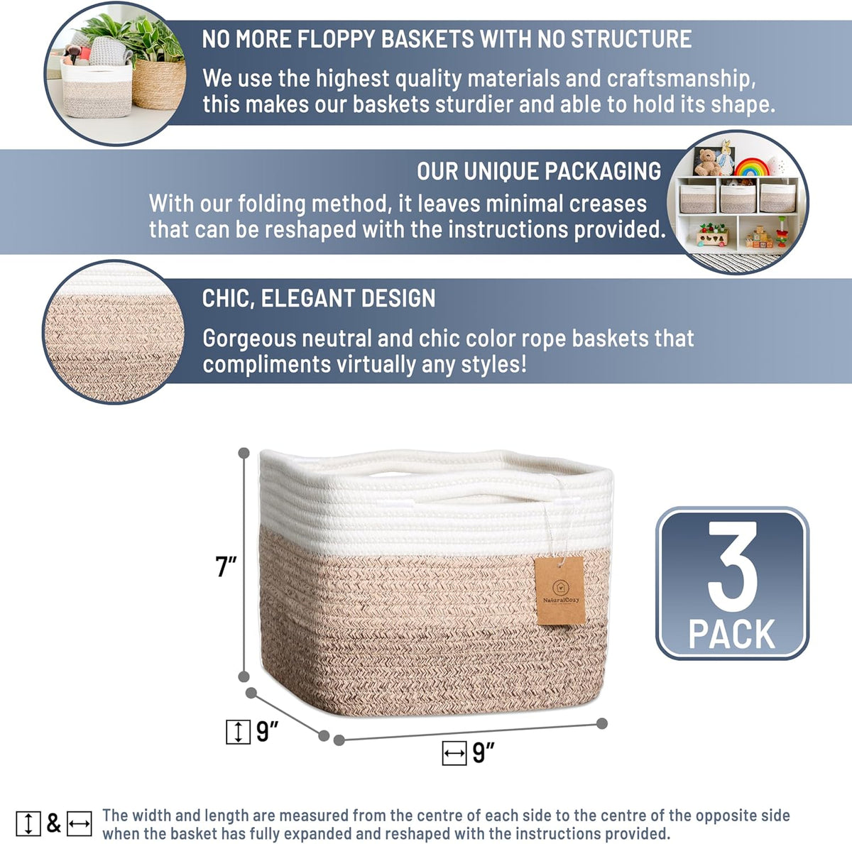 NaturalCozy Storage Cubes 9”x9”x7”Cotton Rope Woven Baskets for Organizing 3-Pack | 9 Inch Cube