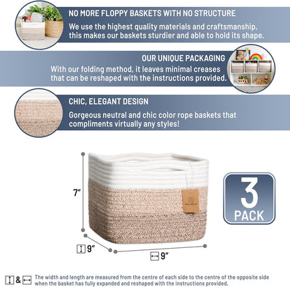 NaturalCozy Storage Cubes 9”x9”x7”Cotton Rope Woven Baskets for Organizing 3-Pack | 9 Inch Cube