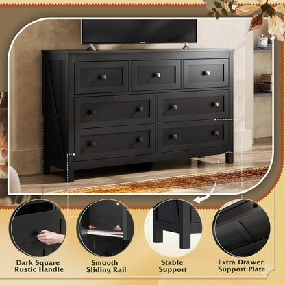 WLIVE Farmhouse Dresser for Bedroom, 51.18'' Wide 7 Drawer Wood Dresser, Black TV Stand for 65 inch