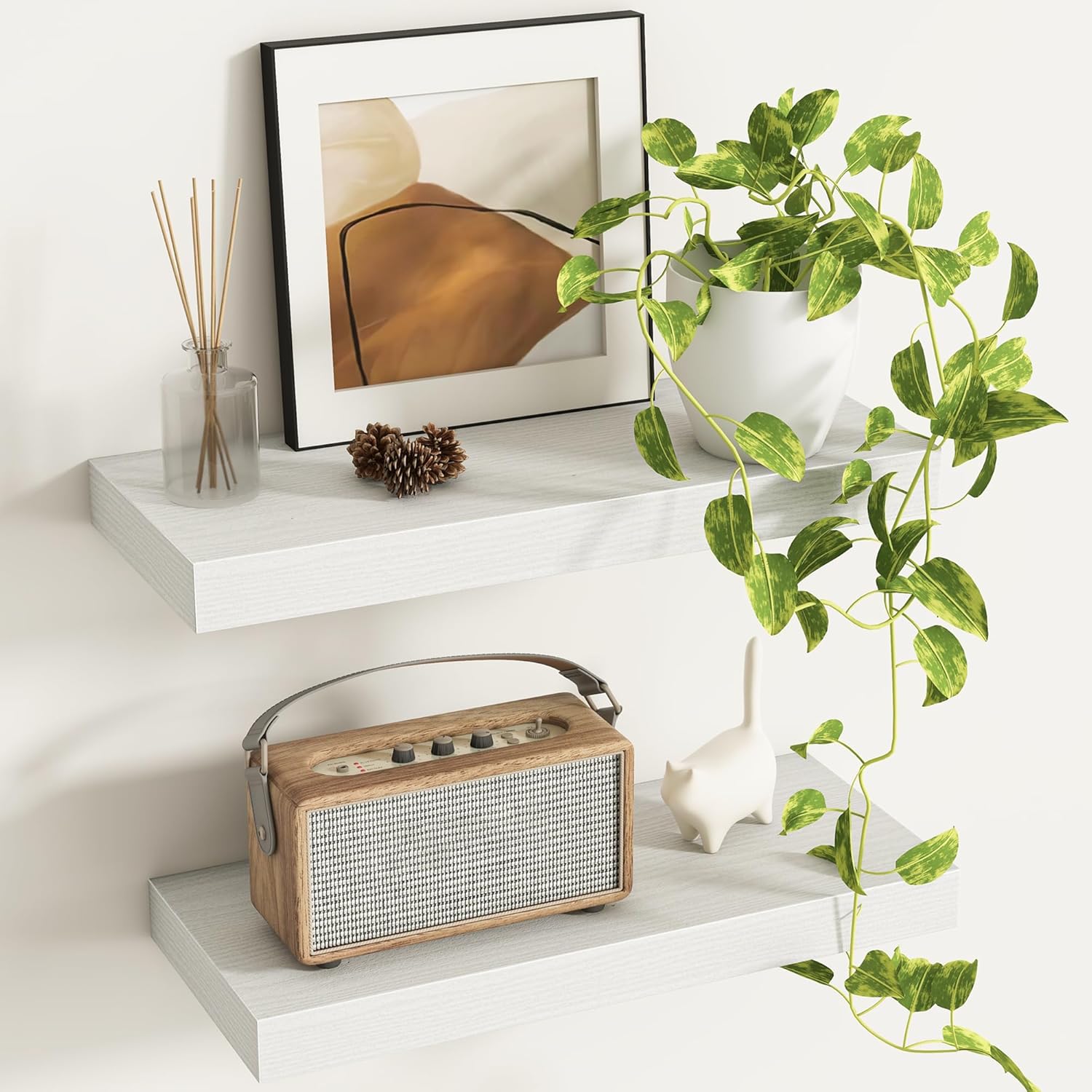 Fun Memories Deep Floating Shelves - 16" W x 9" D x 1.6" H Rustic White Wall Shelf - Wall Mounted