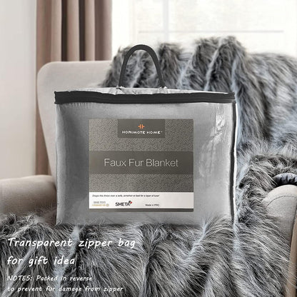 Luxury Faux Fur Blanket King Size, Ultra Big Grey and Black High Pile Mixed Faux Fur Throw Blanket
