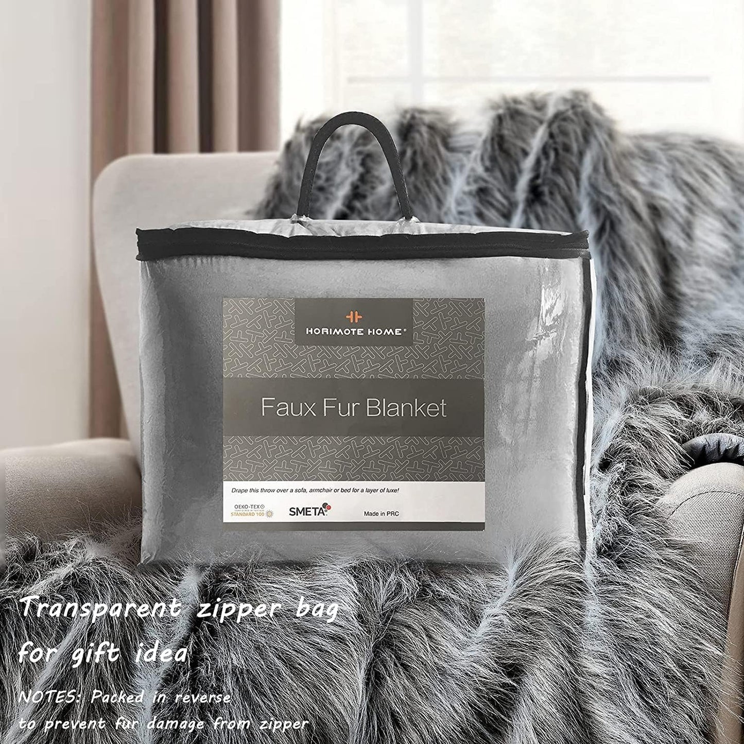Luxury Faux Fur Blanket Queen Size, Ultra Big Grey and Black High Pile Mixed Faux Fur Throw