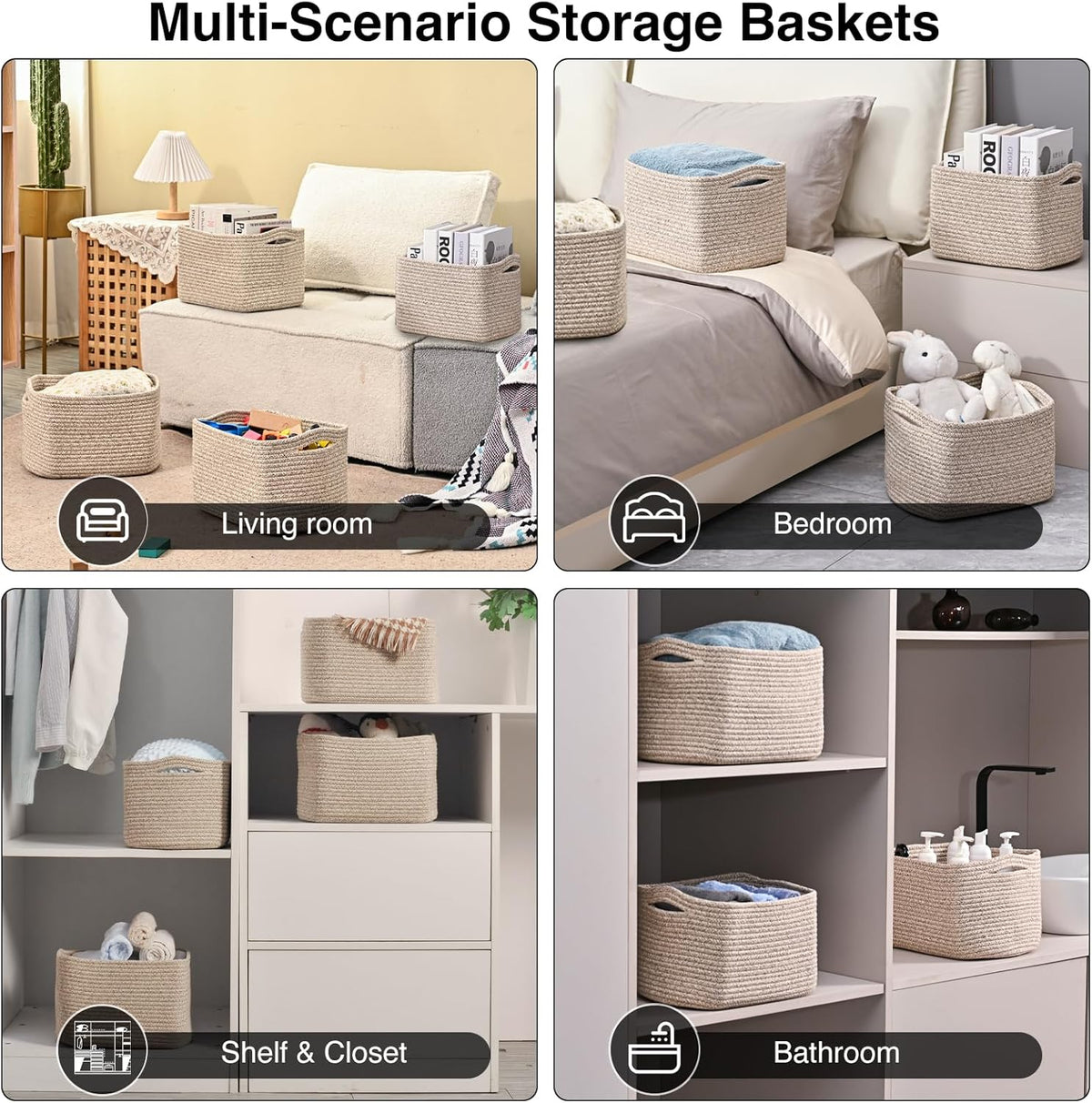 Small Storage Baskets for Shelves Organizing, Woven Cotton Rope Baskets for Storage, Book Basket
